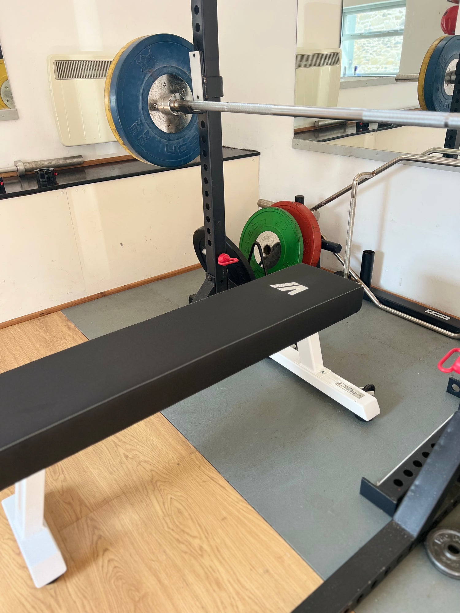 Milway flat weights bench press in Gee Athertons home gym set up