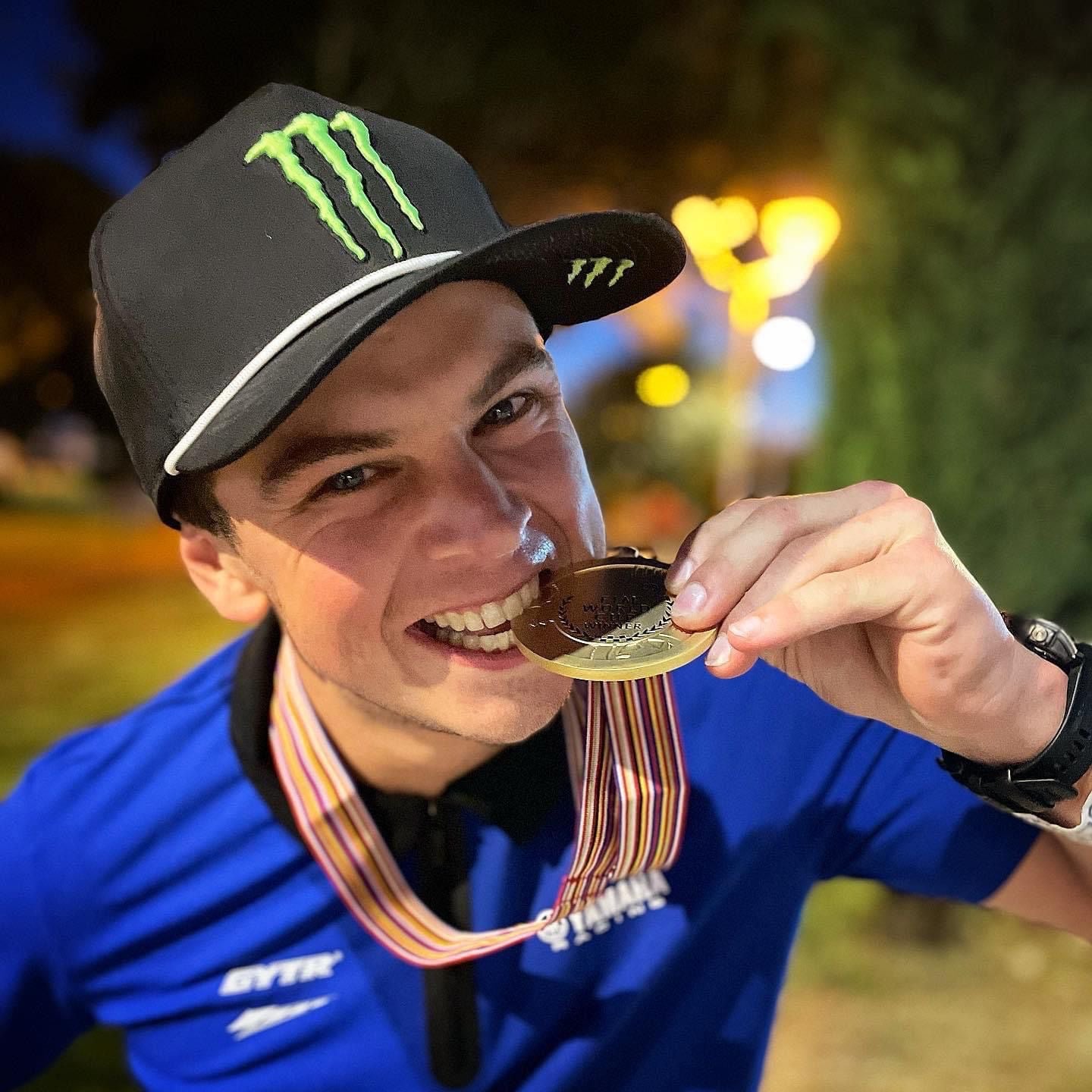 motocross professional Todd Kellett with world championship gold medal
