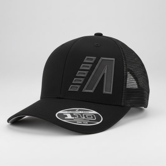 Black trucker cap with a Milway logo on a white background