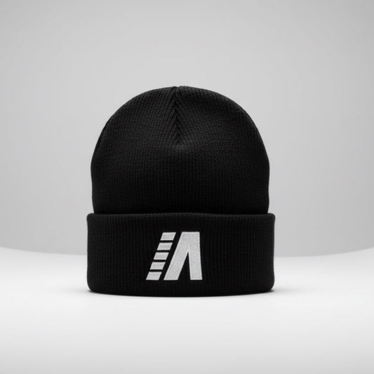 Black beanie with a white logo on a gray background